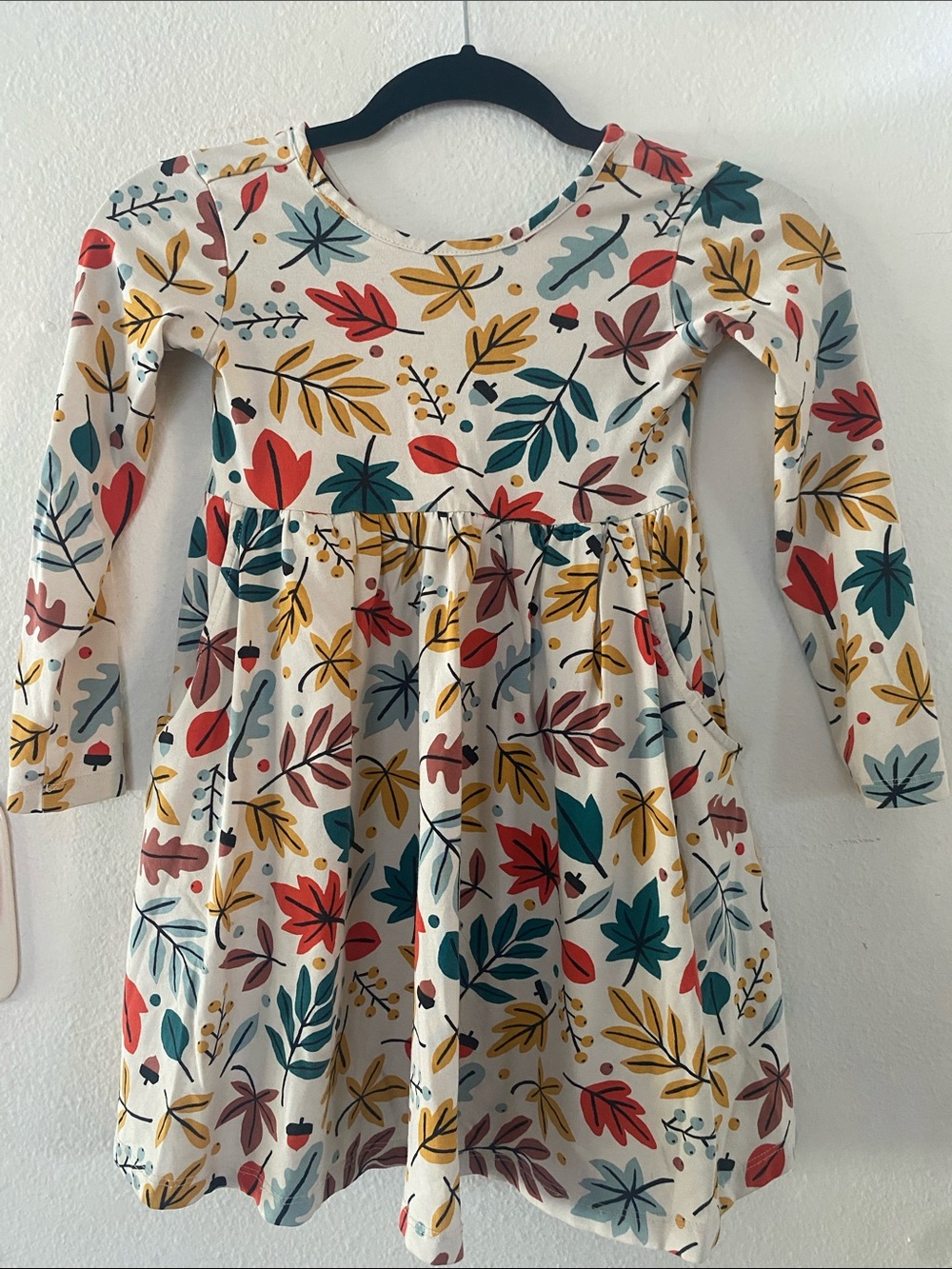 Hanna Andersson fall dress with pockets 6-7 Mustard & Brown Leaf Print, cotton